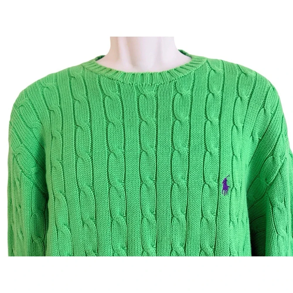 Vintage Polo Ralph Lauren Men Sweater XL Crewneck Cable Green Purple Pony Preppy
